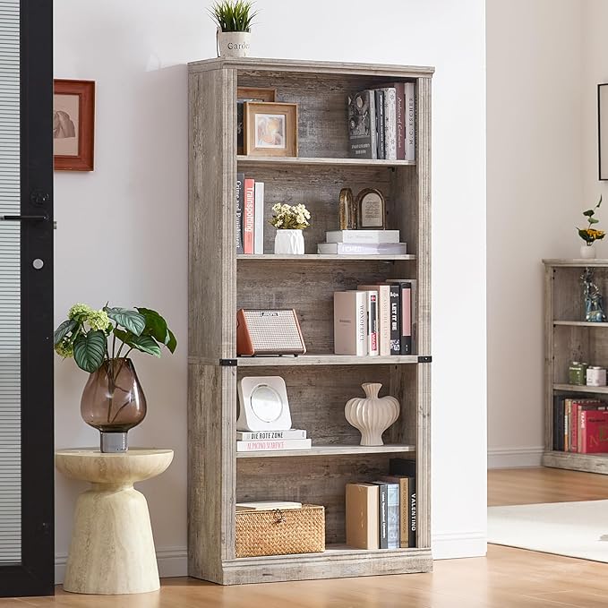 70" Grey Tall Bookshelf Set of 4,5-Tier Thick Wooden Book Shelf with Adjustable Shelves,Free Standing Farmhouse Bookcase with Open Display Storage,Floor Vintage Bookshelves for Living Room