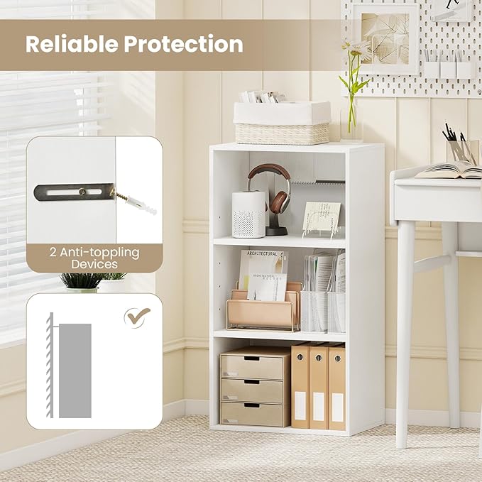 Giantex 3 Tier Bookshelf, White Bookcase 3 Shelf, Open Cube Storage Orginazer Cabinet, Multi-Functional Home Office Bedroom Furniture Display Book Shelf