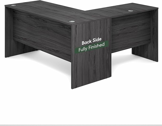 Furinno Roger 60 Inch L-Shaped Office Desk, Executive Desk with Reversible Desk Return, Modesty Panel, Desk Cord Grommet, Scratchproof, for Home Office, Coastal Grey