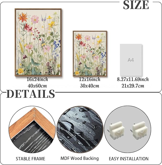KISSFOX 3 Piece Watercolor Wildflower Botanical Framed Wall Art Colorful Floral Canvas Art Prints Boho Flower Pictures Wall Decor Modern Minimalism Paintings Artwork Girls Bedroom Living Room Bathroom