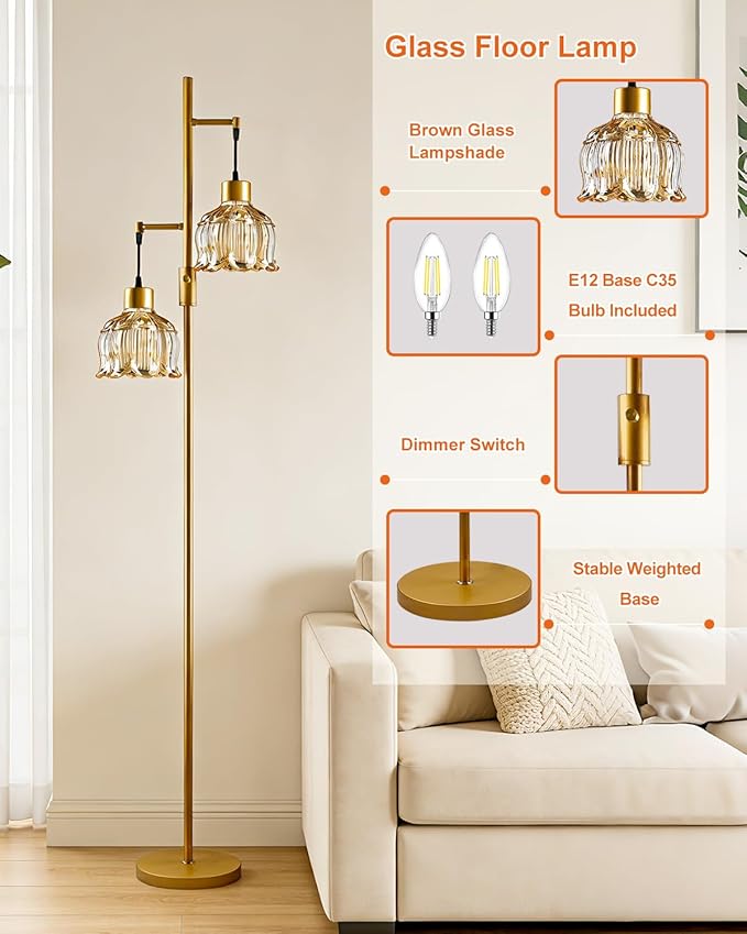 Lightdot 2- Light Gold Flower Floor Lamp, 65IN Brown Glass Floor Lamps with 3000K Warm White Bulbs, Modern Standing Tall Lamp for Living Room Bedroom Home Office Corner Sofa Beside