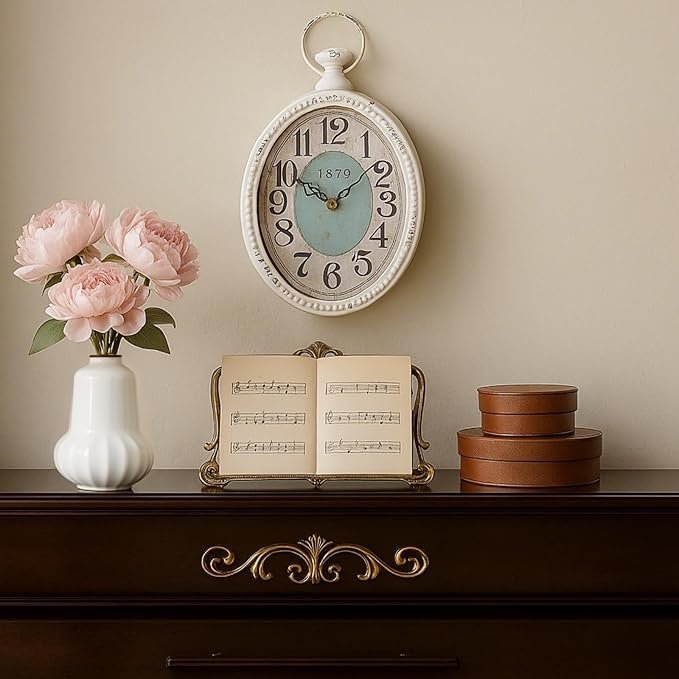 ZENFUN Oval Retro Wall Clock, Rustic Silent Clocks, Elegant Vintage Style, White Antique Design, Battery Operated Non Ticking Wall Clock for Kitchen,Farmhouse, Office(11.2" H x 6.7" W)