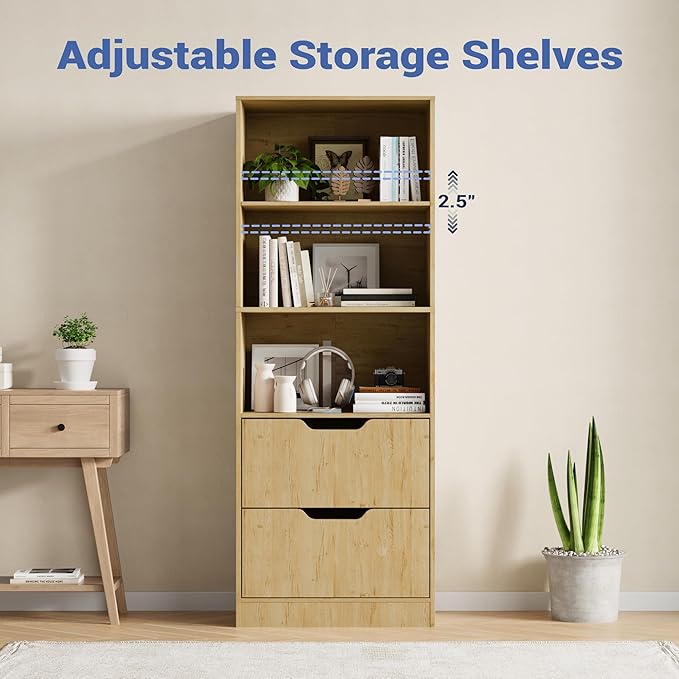 Bookcase with 2 Drawers, 3-Tier Bookshelf with Storage, 3 Shelf Bookshelf with Adjustable Shelf, Modern Bookshelf, Open Shelves for Study, Bedroom & Home Office, Natural