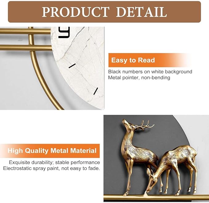 Wall Clock Large Wall Clocks,3D Elk Decorative Modern Silent Wall Clock Metal Wall Art for Living Room Kitchen Bedroom Office Decor Clock (One Color 110 CM/43 in)