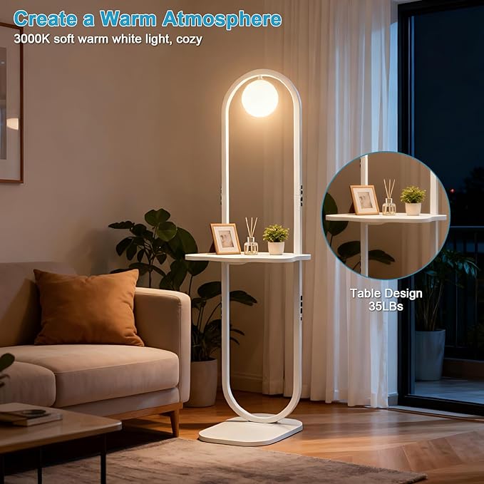 Lightdot 47-Inch Arch Floor Lamp, Modern Standing Lamp with Table, White Metal Frame with Globe Shade, Living Room Bedroom Lighting, G9 LED Bulb Included for Sofa Beside/Corner Decor