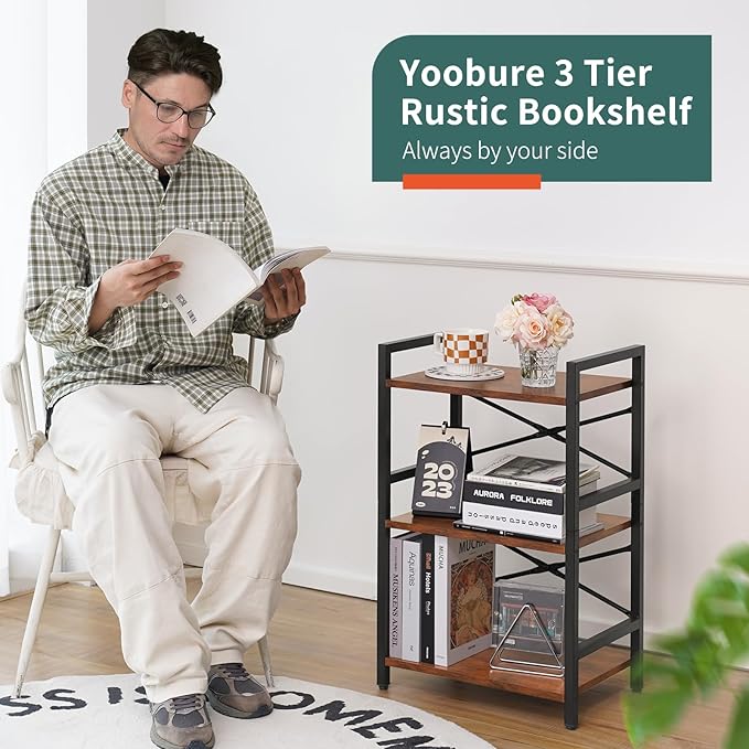 Yoobure Bookshelf Small Book Shelf, Solid Industrial 3 Tier Shelf Bookcase, Short Book Case for Bedroom, Living Room, Office Home, Small Spaces, Easy Assembly Berry Brown