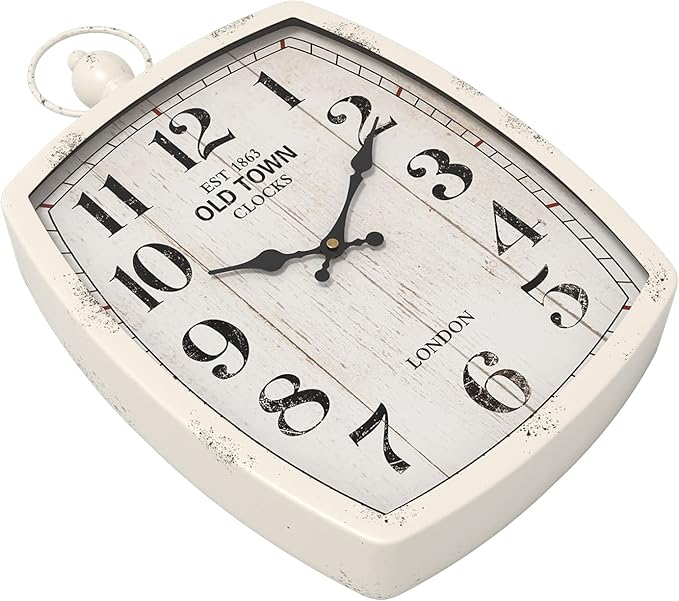 Menterry Large Retro Rectangle Wall Clock, White Antique Vintage Style, Battery Operated Silent Decor Wall Clocks for Living Room,Farmhouse,Kitchen,Office (15.5" H x 10.2" W)