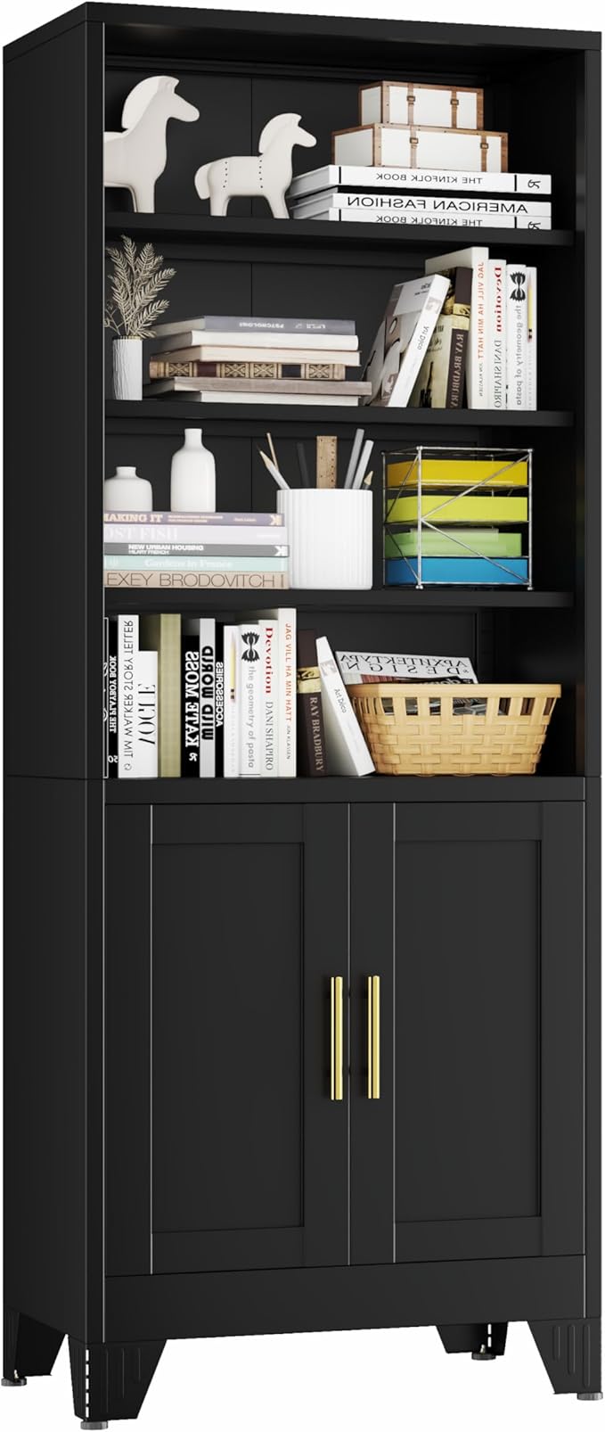 Metal Bookcase with Doors, 71" Tall Bookcase with Storage, Floor Industrial Bookshelves and Bookcases 6 Tier Shelf Dispaly Storage Shelves for Home Office, Living Room, Bedroom, Black