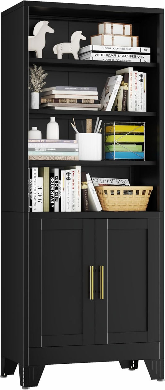 Metal Bookcase with Doors, 71" Tall Bookcase with Storage, Floor Industrial Bookshelves and Bookcases 6 Tier Shelf Dispaly Storage Shelves for Home Office, Living Room, Bedroom, Black