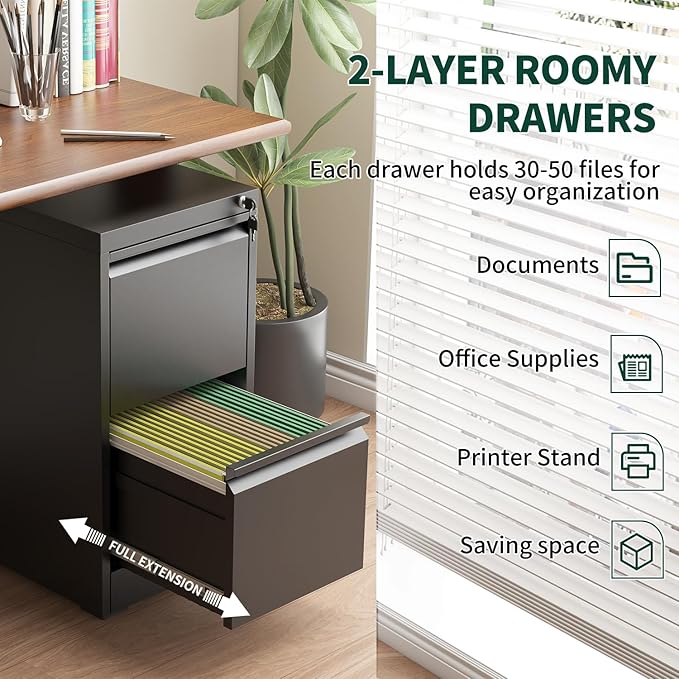 2 Drawer File Cabinet with Lock, Vertical File Cabinet with Lock, Locking File Cabinet Hanging Files for A4/ Legal/Letter, Require Assembly, White