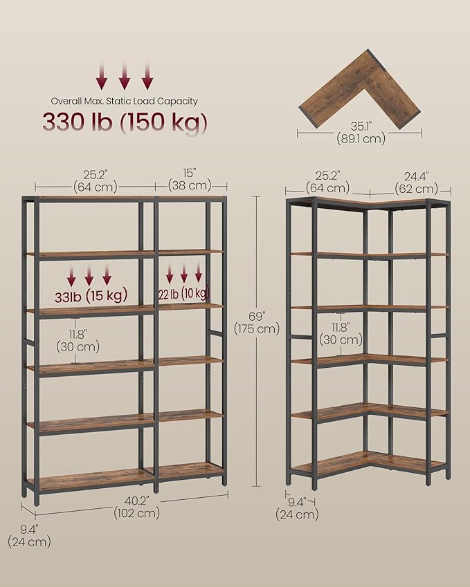 VASAGLE 6 Tier Bookshelf with Metal Frame, Convertible Industrial Corner Shelf, 9.4 x 40.2 x 69 Inches, for Living Room, Bedroom, Home Office, Rustic Brown and Ink Black ULLS606K01