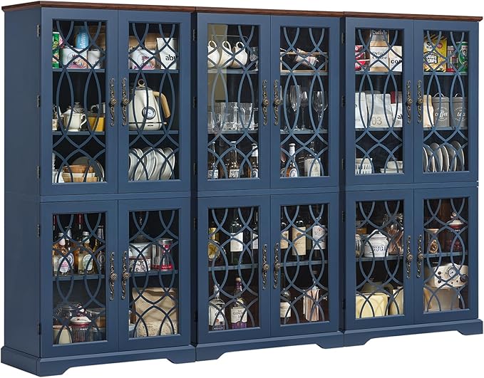 67" Tall Bookshelf Set of 3, Vintage Book Shelf with Glass Doors, 5-Tier Wood Bookcase w/Adjustable Storage Shelves, Freestanding Rustic Curio Display Cabinet for Living Room,Office,Navy Blue