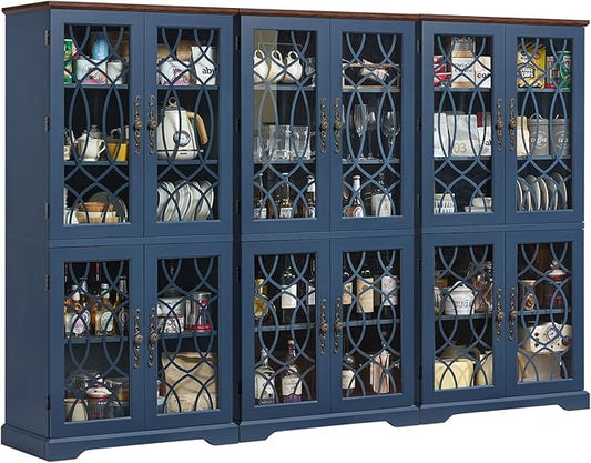 67" Tall Bookshelf Set of 3, Vintage Book Shelf with Glass Doors, 5-Tier Wood Bookcase w/Adjustable Storage Shelves, Freestanding Rustic Curio Display Cabinet for Living Room,Office,Navy Blue