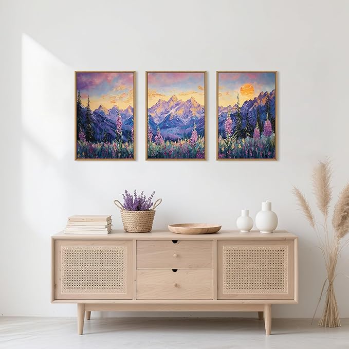 HOURIA Vintage Purple Mountain Landscape Framed Canvas Wall Art Set,Watercolor Boho Floral Tree Wall Decor,Modern Natural Soft Sunlight Field Artwork for Living Room, Bedroom,Farmhouse-24 x36 x3