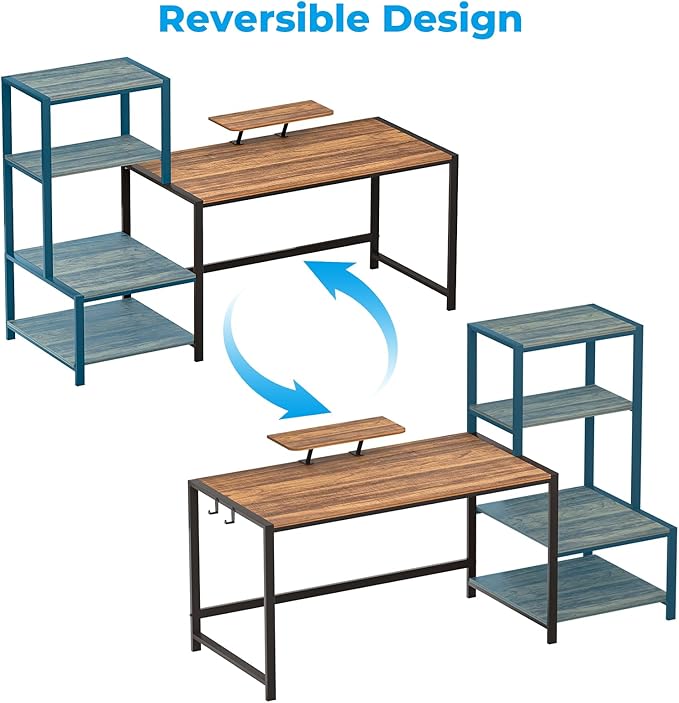 GreenForest Computer Desk 58 inch with Printer Shelf, Reversible Office Desk with Monitor Stand and 2 Hooks, Home Workstation for Study Writing Working Gaming, Brown