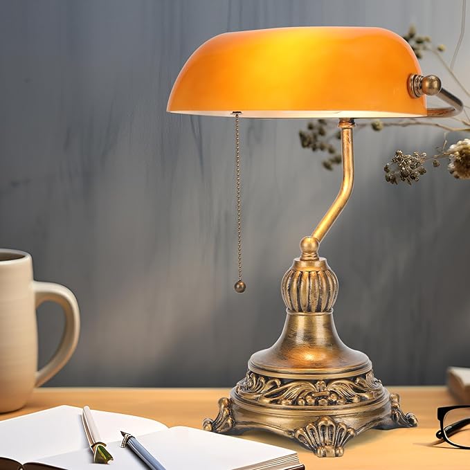 NISSAFORS Bankers Lamp with Pull Switch, Amber Glass Desk Lamp with Retro Black/Gold Finish, Vintage Table Lamps for Living Room, Library, Piano(Amber)