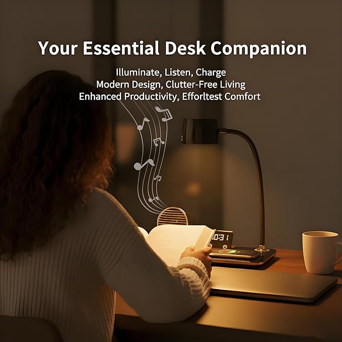 LED Desk Lamp for Office Home, Modern Desk Light with 15W Wireless Charger, Bluetooth Speaker & Digital Clock, 3 Color Temperature, Eye-Caring Study Lamp, Flexible Gooseneck, Black