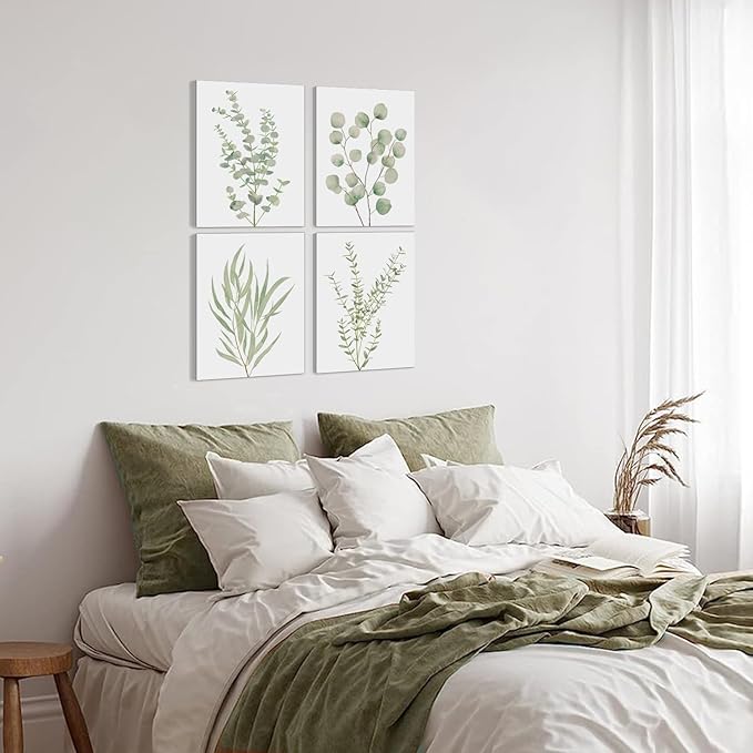 Erctoo Botanical Wall Art for Bathroom, Framed Canvas Office Wall Art 12”x16” Sage Green Plant Wall Decor for Bedroom, Light Green Boho Eucalyptus Leaf Sets of 4PCS