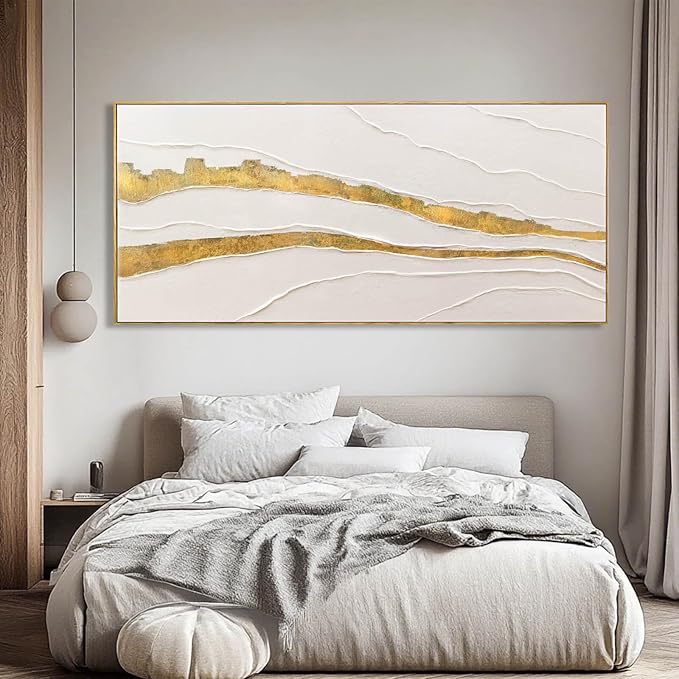 VAYIMDH White and Gold Oil Painting Wall Art Abstract Wall Decor Line Hanging Art 32"x70" Large Artwork for Living Room Decorative Pictures for Office