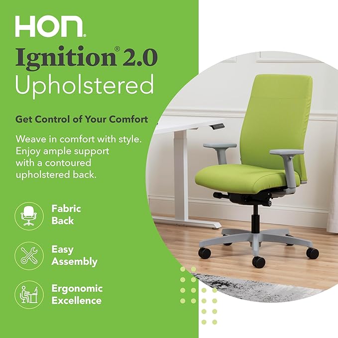 HON Ignition 2.0 Fabric Office Chair, Upholstered, Adjustable Arms, Advanced Synchro-Tilt Recline Executive Ergonomic Office Chair, Titanium Frame, Pear