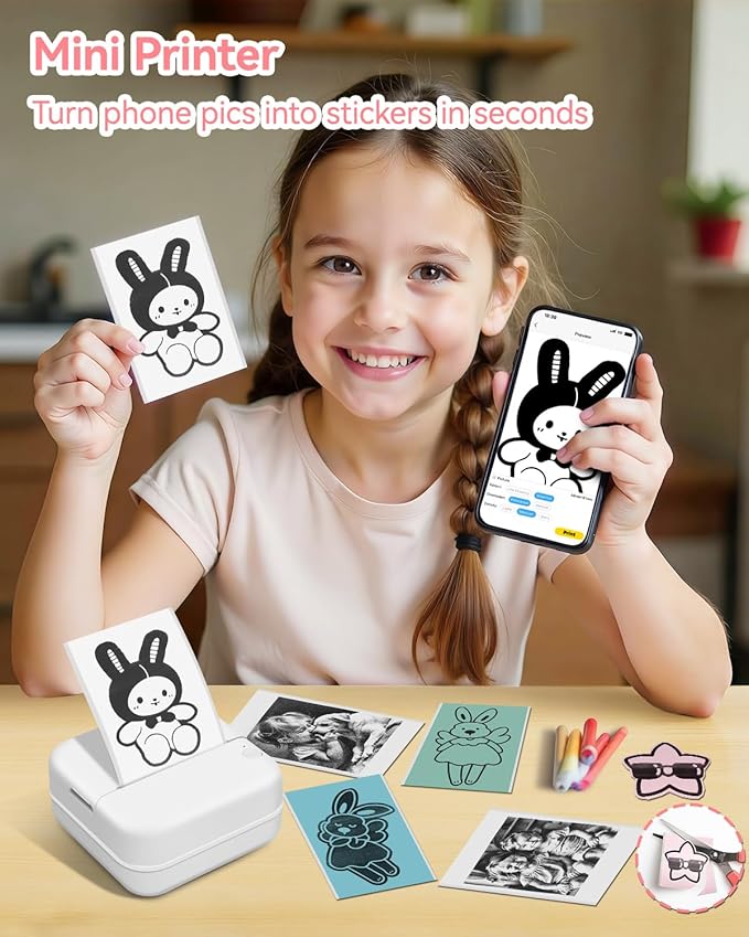 Aptika Sticker Printer - Mini Portable Printer with 14 Rolls Sticky Papers, Bluetooth Thermal Maker Machine for Students Children Birthday, Compatible with for iPhone/Android, Pink
