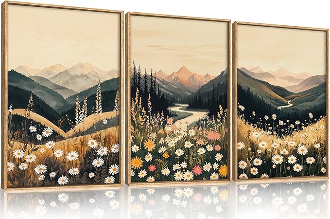Large Boho Wildflower Framed Canvas Wall Art,Vintage Mountain Wall Decor,Nature Floral Prints,Rustic Daisy Landscape Artwork for Living Room,Bedroom,Dining Room -24"x36"x3