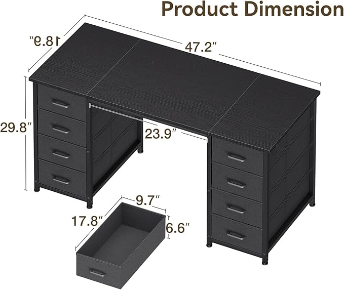 ODK 55 Inch Computer Desk with 8 Fabric Drawers, Modern Office Desk with Large Storage for Home Office, Study, Gaming, Black