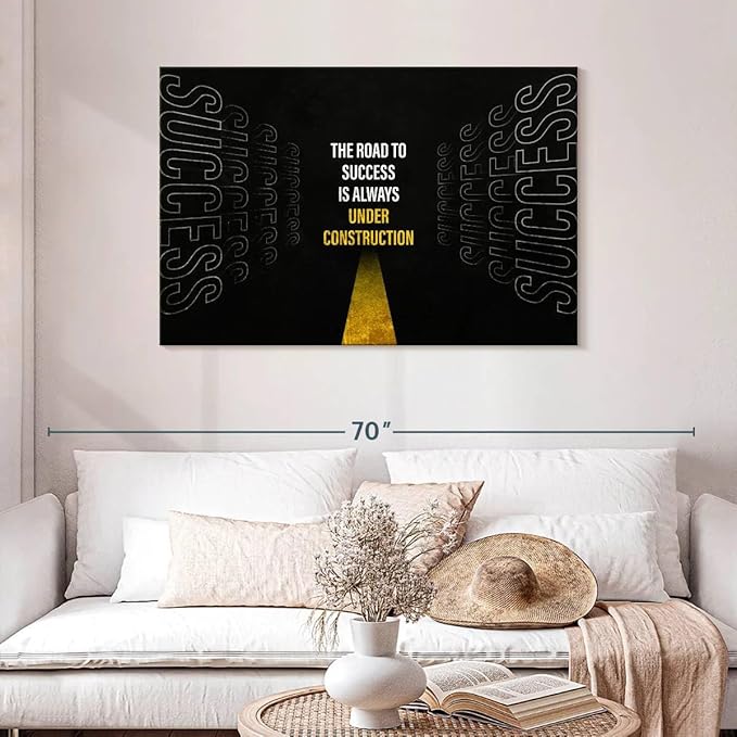 ElephantStock - Work On Your Road To Success Wall Art - Horizontal Canvas Wall Art - Home Office Wall Decor - Digital Art Inspirational And Typography Canvas Art - Black And White Decor - 45" x 30"