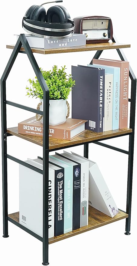 Bookshelf, 3 Tier Industrial Small Bookcase, Metal Narrow Book Shelf, Book Case Book Storage Organizer for Living Room, Bedroom, and Home Office - Rustic Brown