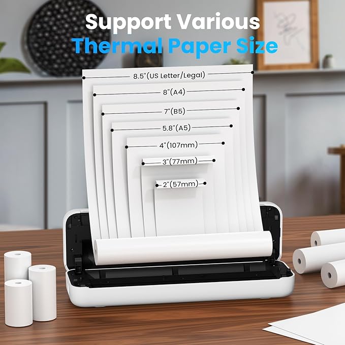 Portable Printer for Travel, Inkless Wireless Thermal Printer Compatible with iOS, Android, Laptop, Bluetooth Printers Supports 8.5"x11" US Letter for Office,Car,Home (White)