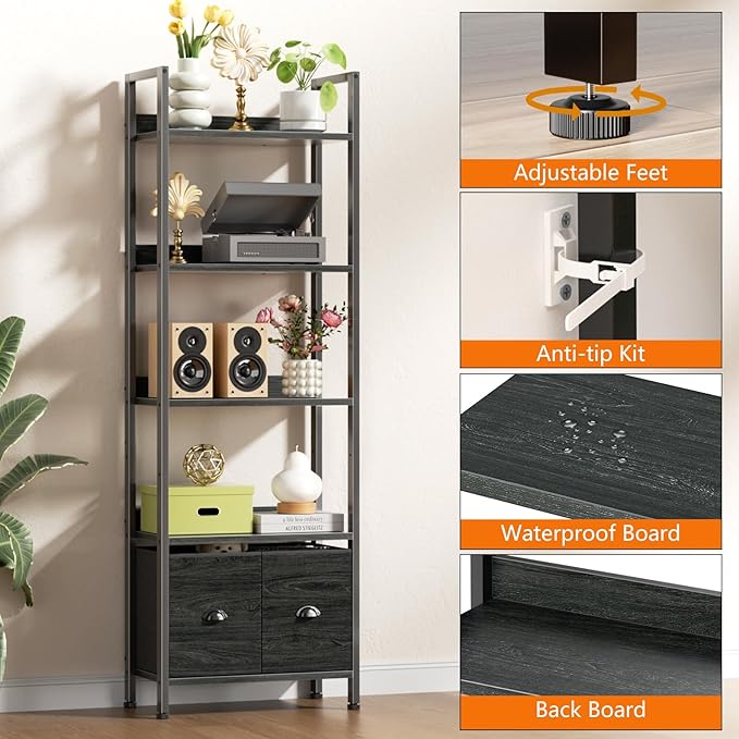 Furologee 5-Tier Bookshelf Set of 2, Tall Bookcase with 2 Drawers and Shelves, Industrial Display Free Standing Shelf Units, Storage Rack Organizer for Bedroom, Living Room, Home Office, Black Oak