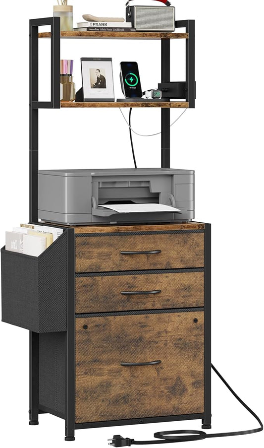 3 Drawer File Cabinet with Charging Station, 45''H, 3-Tier Filing Cabinet for Home Office, 11''*16'' for Small Printer, Fabric Drawer Fits Letter/A4, Tall Printer Stand, Rustic Brown