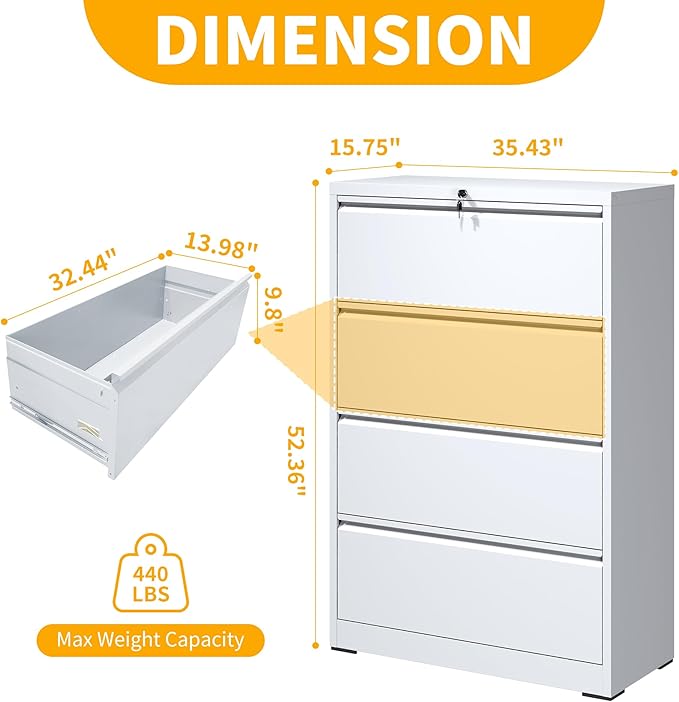File Cabinet with Lock, 4 Drawer Lateral Filing Cabinet for Home Office, Metal Heavy Duty File Cabinets for Hanging Letter/Legal/F4/A4 Size Files, Assembly Required (White)
