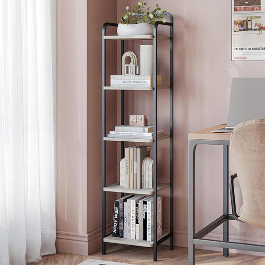 Bookcase Bookshelf, Narrow Book Shelf, Industrial Corner Shelf Storage Organizer, Slim Shelving Unit for Home Office, Living Room, Bedroom, Kitchen, 5-Tier Greige and Black BC24505B
