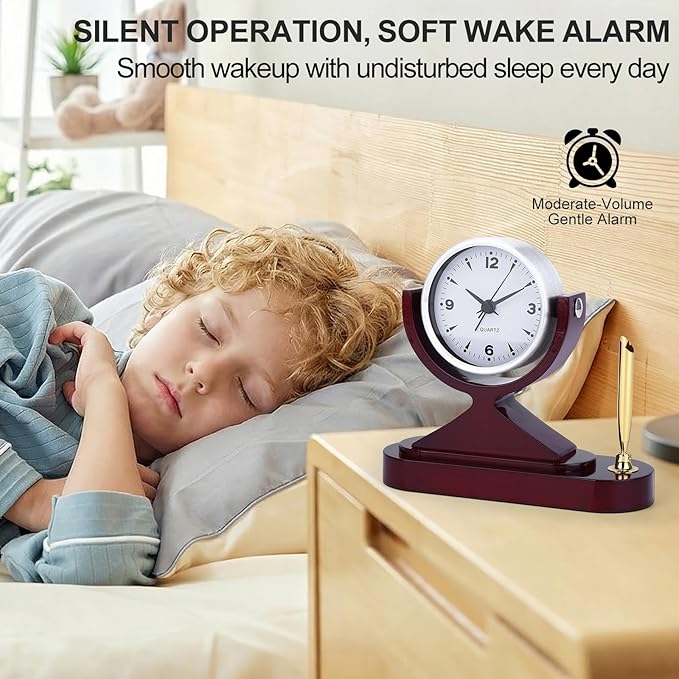 Wooden Desk Alarm Clock Battery Operated, Silent Non-Ticking, Adjustable Angle & Pencil Holder | Office, Shelf, Table Decor | Gift for Students, Teachers, Professionals (Home, Desk, Work)