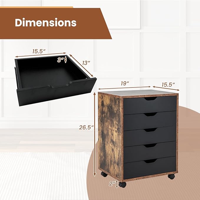 5 Drawers File Cabinet, Vertical Filing for Home Office, Mobile Under Desk Storage With Wheels, Modern Chest of Drawers for Bedroom (Rustic Brown)