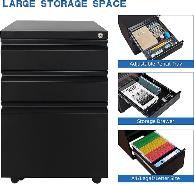 Mobile Filing Cabinet,3 Drawer Mobile File Cabinet with Lock,for Legal/Letter/A4 Documents,Home Office Storage Dresser Cabinet (Black)