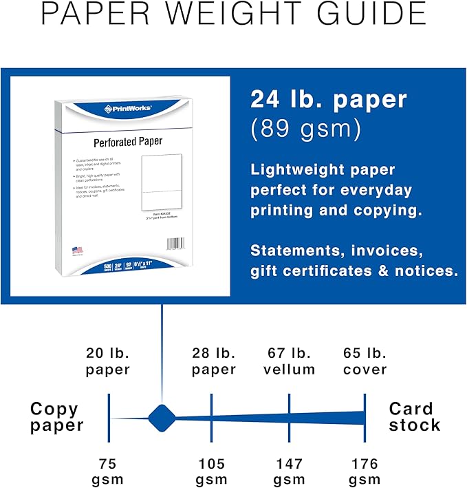 PrintWorks Professional 3 3/4" Horizontal Perforated Paper 8.5” x 11” - Perfect For W-2, 1099, & Statement Use - Made in the USA - 500 Sheets - 24 lb - Printer Compatible - White (04332)