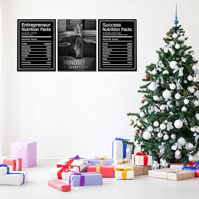 KAWAHONE Motivational Mindset Canvas Wall Art, Success Entrepreneur Nutrition Facts Mindset is Everything Office Inspirational Poster Prints Quotes Wall Decor Gallery-Wrapped Framed Ready to Hang