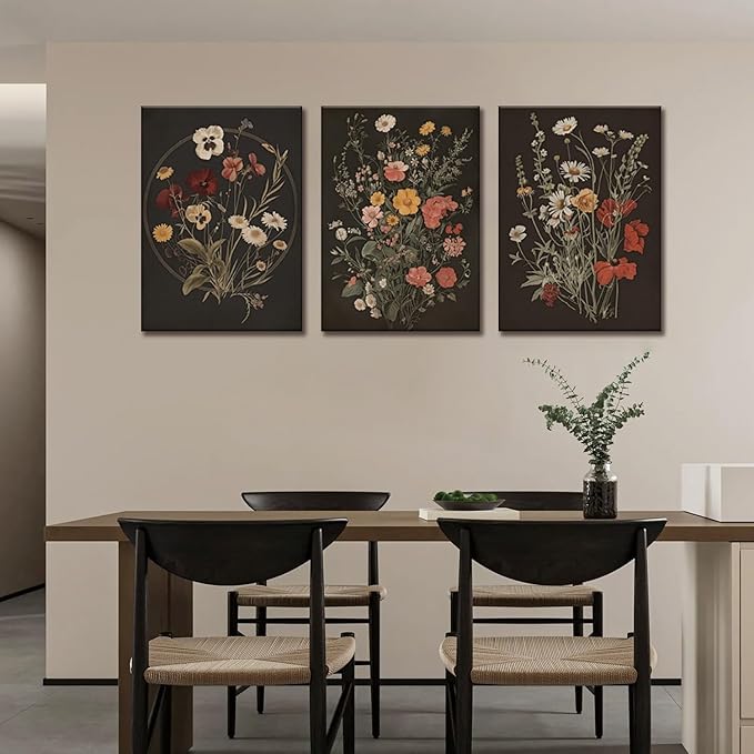 TUEASKY 3 Piece Canvas Wall Art Wildflower Wall Decor Botanical Pictures Floral Paintings Moody Framed Art Vintage Prints Dark Artwork