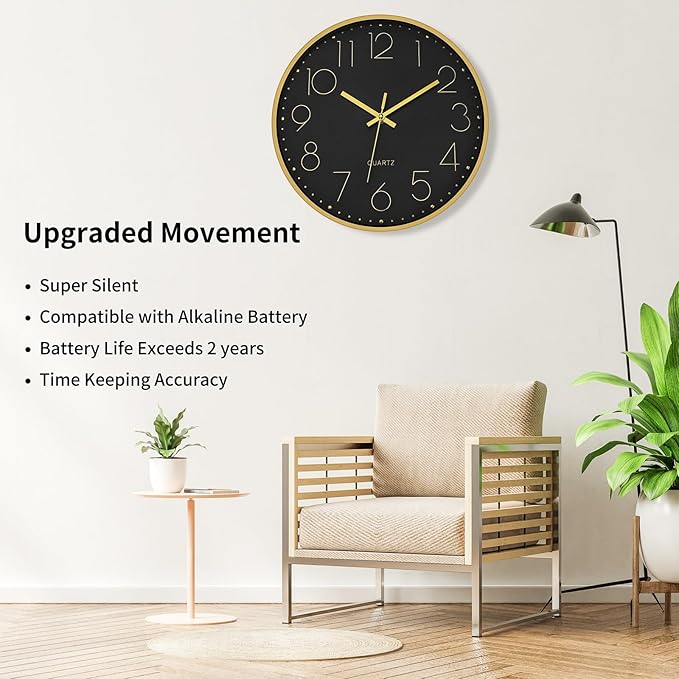 Foxtop Black Gold Wall Clock 12 Inch Silent Non-Ticking Battery Operated Round Quartz Modern Wall Clock for Living Room Kitchen Bedroom Home Office School Decor