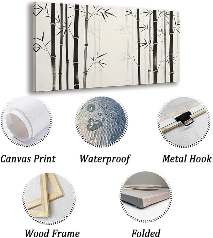 Black White Bamboo Framed Canvas Wall Art for Bedroom, Botanical Wall Decor 32" L x 16" W