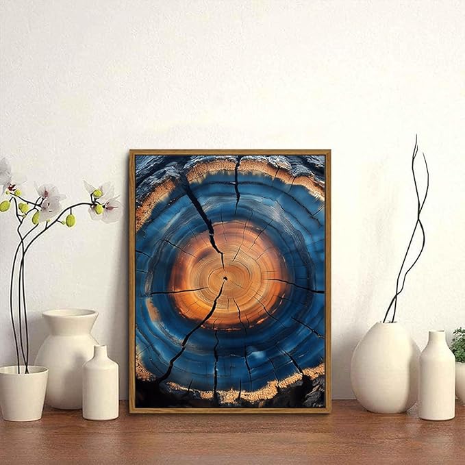 IBHJSART Framed Tree Ring Canvas Wall Art Blue Wall Art Wood Stump Painting Prints Modern Minimalist Pictures Neutral Nature Rustic Farmhouse Decor Living Room Bedroom Bathroom Office
