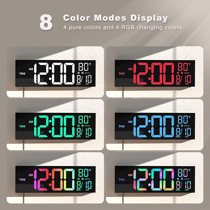 JALL 16.02'' Large Digital Wall Clock, Big LED Number Dispaly, RGB Colors, DST, Night Light for Classroom Living Room Bedroom Mounted Birthday Xmas Gift for Senior, Mem Womem