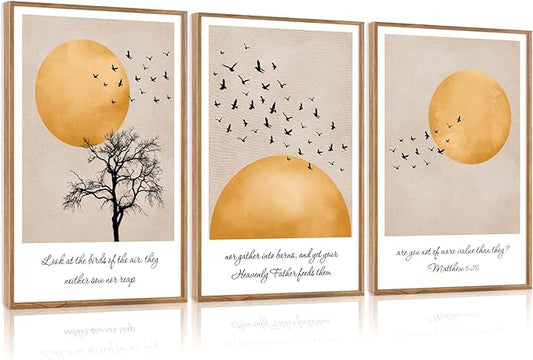 CHDITB Matthew 6:26 Look At The Birds Of The Air Framed Canvas Wall Art(24"x36"), 3 Panels Japandi Bible Verses Scripture Artwork Prints, Large Religious Christian Faith LDS Decor for Home Office Bedroom