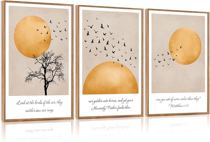CHDITB Matthew 6:26 Look At The Birds Of The Air Framed Canvas Wall Art(16"x24"), 3 Panels Japandi Bible Verses Scripture Artwork Prints, Large Religious Christian Faith LDS Decor for Home Office Bedroom