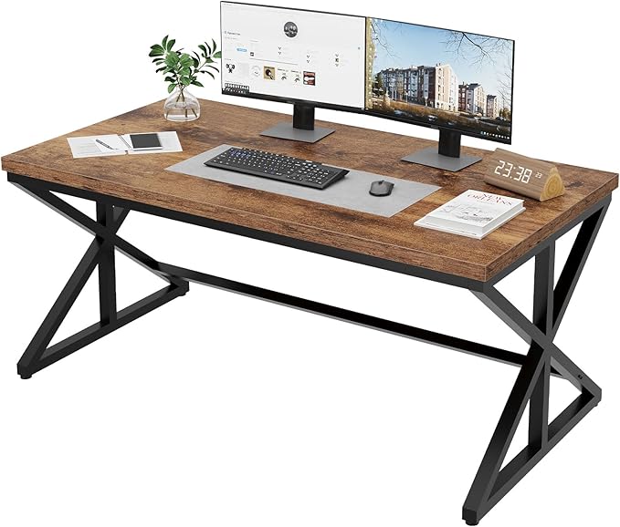 IBF 55” Rustic Computer Desk, Industrial Brown Home Office Desk, Wooden Metal Executive Pc Computer Desk Table, Wood Student Gaming Study Computer Table for Bedroom Living Room, Rustic Brown, 55 Inch