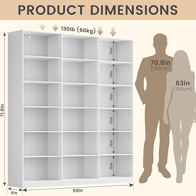 White Bookcase with 18 Display Shelves, Triple Column Book Case, 2PC 6 Tier Large Bookshelf, Freestanding Storage Shelf for Bedroom Living Room Home Office