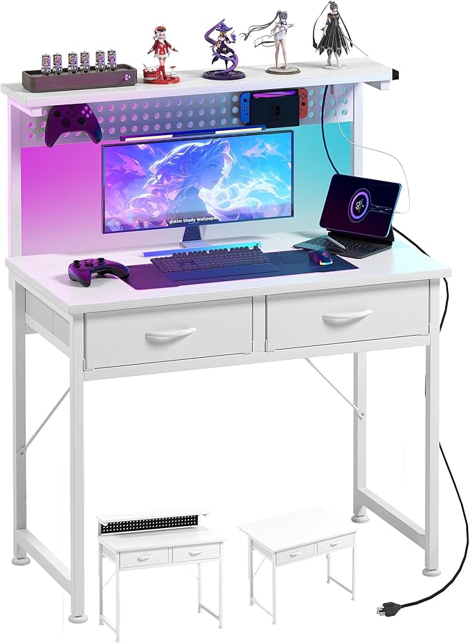 MUTUN Small Desk with Drawers, 31 Inch Computer Desk with Power Outlet & LED Light, Gaming Desk with Adjustable Monitor Stand & Pegboard, Modern PC Study Writing Table for Bedroom, White