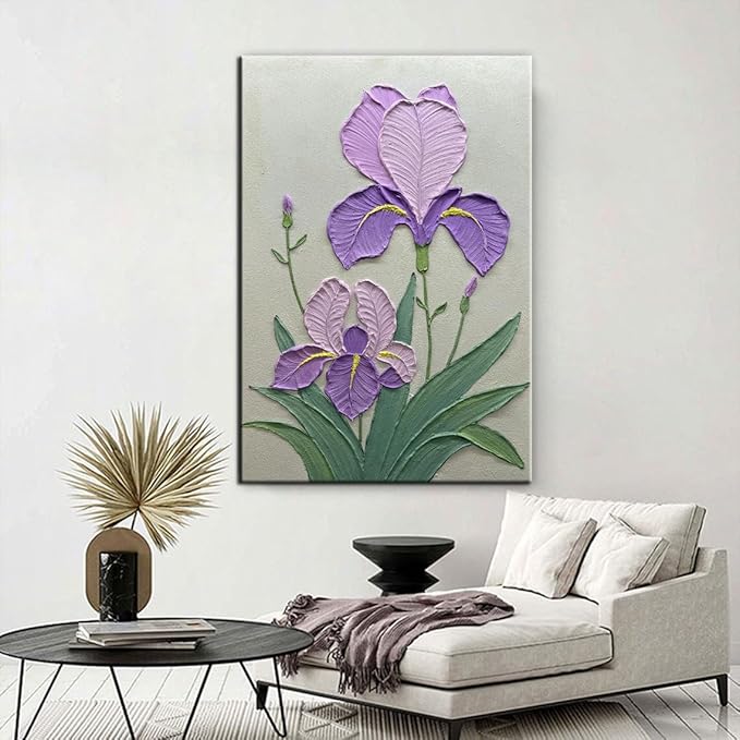 YaSheng Art- Handmade Modern Wall Art Oil Paintings , 3D Textured Wall Art Purple Iris Floral Original Artwork Painting, Modern Minimalist Abstract Wall Art painting, Wall Art for living room Bedroom Wall Deco Home, Framed Wall Art Pictures 36X24 Inch